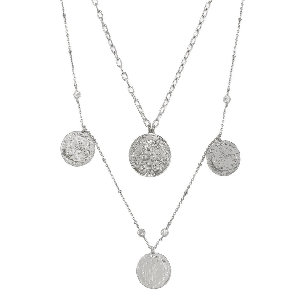 NWT! Ettika Coin & Crystal Layered Silver Necklace, $60 retail Adjustable